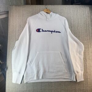 Champion Hoodie Sweatshirt Mens XL White Script Logo Pullover Kangaroo Pocket